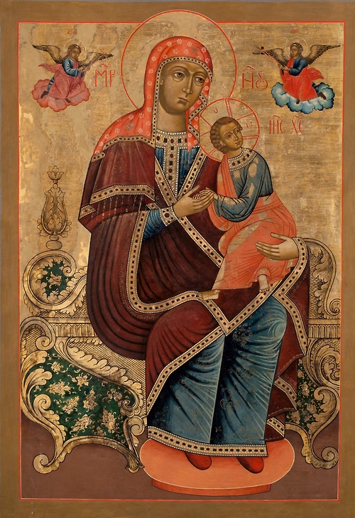 allaboutmary:
A Russian icon of the Mother of God of the Passion, also known as Strastnaya. It is very rare for this type of icon to depicted Mary seated on a throne, especially a baroque one.
